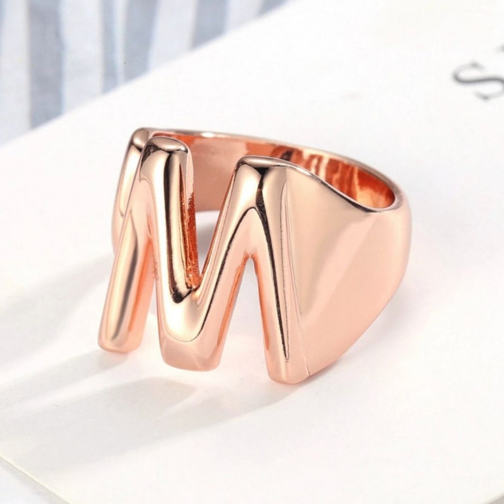 A to Z Chunky Initials Ring in Rose Gold Plating, customizable with your chosen letter. Bold and stylish statement piece for any occasion.