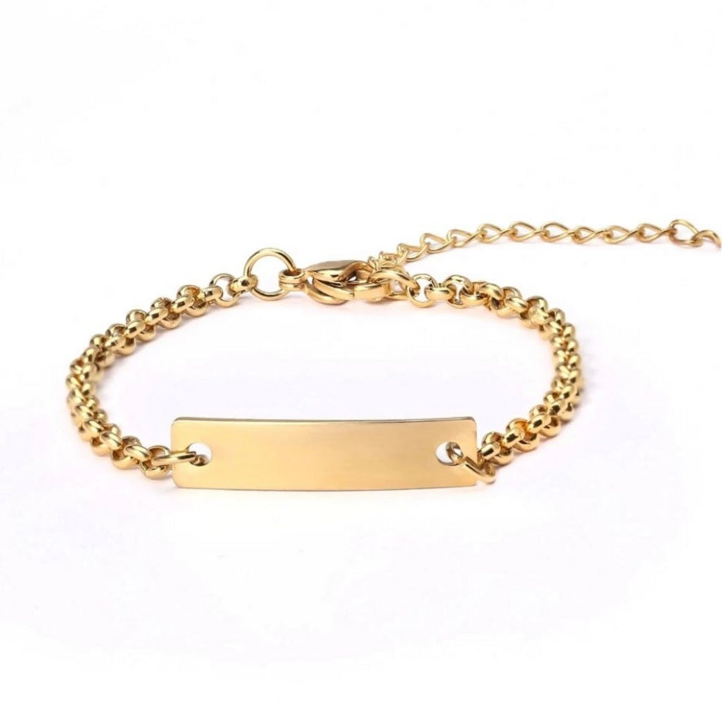 Adorable Baby Name Bracelet in 14K gold with customized name charm. Perfect keepsake for new parents or baby shower gift.