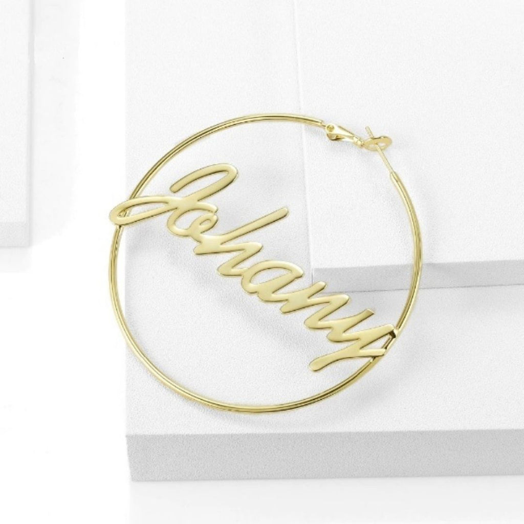 Personalized hoop earrings with custom name.